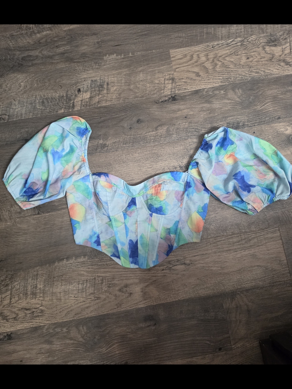 Fashion Nova Blue Multi Watercolor Puff-Sleeve Corset Crop Top